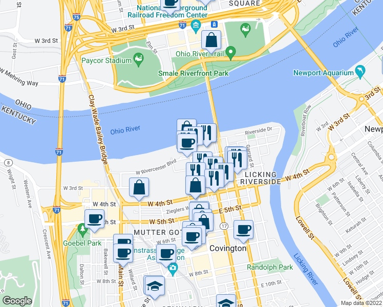 map of restaurants, bars, coffee shops, grocery stores, and more near 2 East Rivercenter Boulevard in Covington