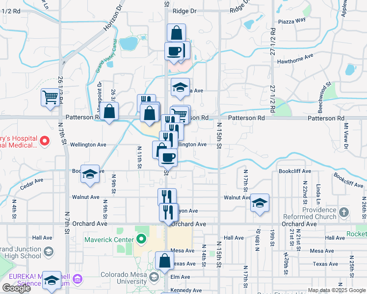 map of restaurants, bars, coffee shops, grocery stores, and more near 1313 Wellington Avenue in Grand Junction