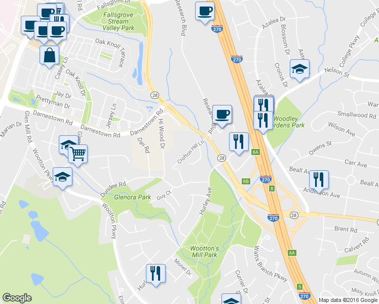 map of restaurants, bars, coffee shops, grocery stores, and more near Crofton Hill Ln in Rockville