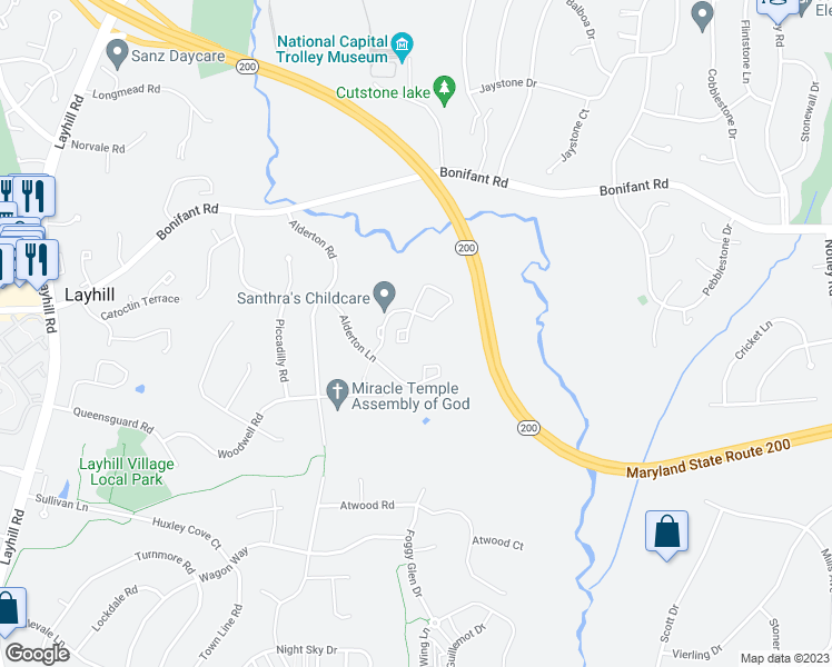 map of restaurants, bars, coffee shops, grocery stores, and more near 31 Long Green Court in Silver Spring