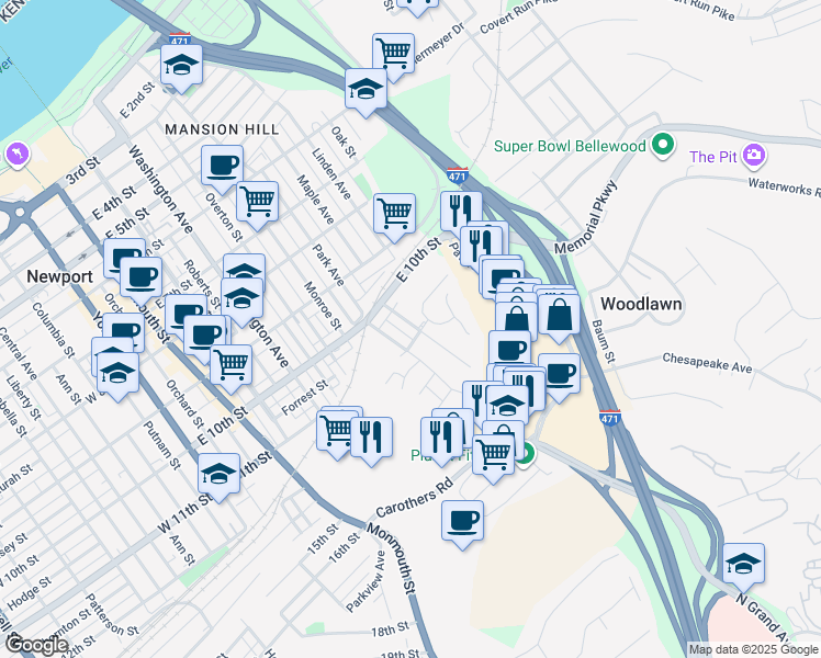 map of restaurants, bars, coffee shops, grocery stores, and more near 1103 Vine Street in Newport