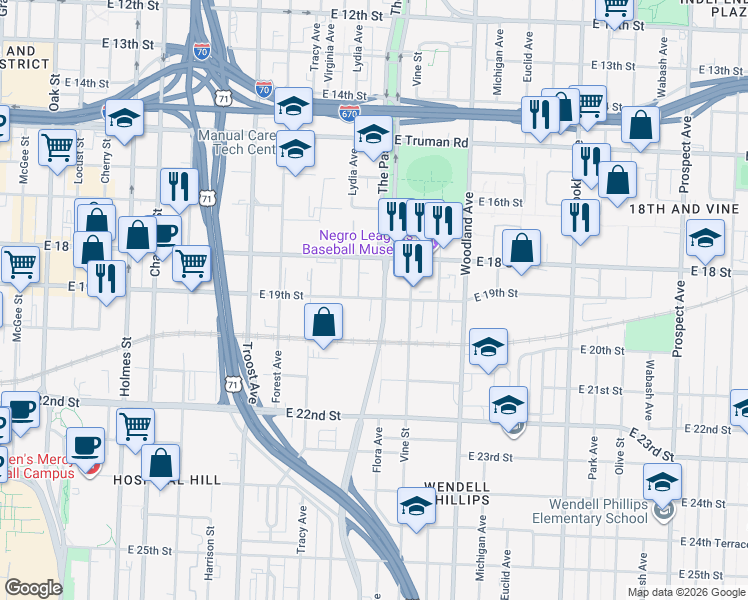 map of restaurants, bars, coffee shops, grocery stores, and more near 1901 The Paseo in Kansas City