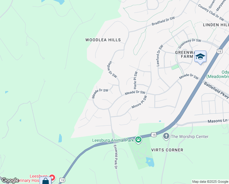 map of restaurants, bars, coffee shops, grocery stores, and more near 504 Binns Court Southwest in Leesburg