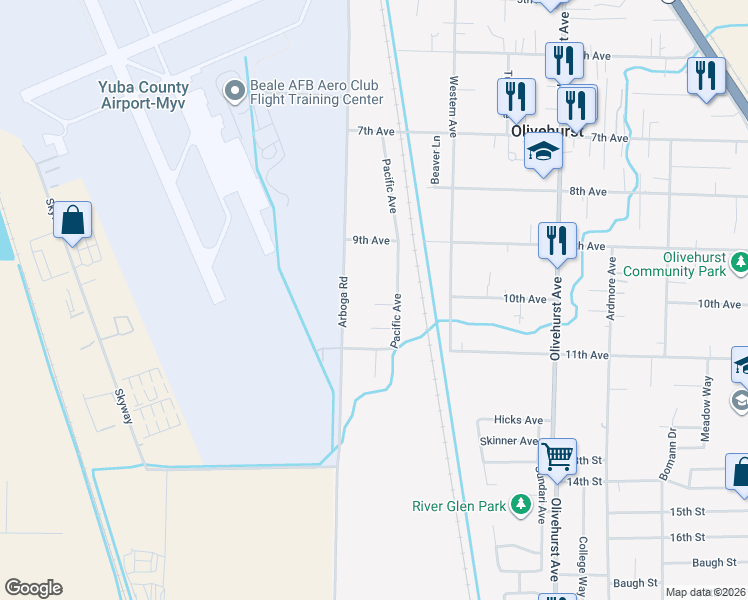 map of restaurants, bars, coffee shops, grocery stores, and more near 4688 Pacific Avenue in Olivehurst