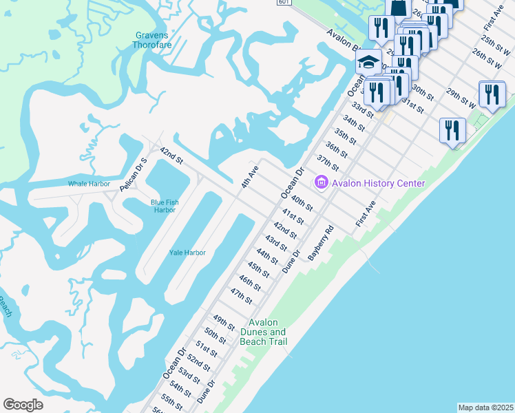 map of restaurants, bars, coffee shops, grocery stores, and more near 318 41st Street in Avalon