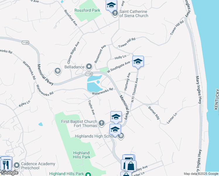 map of restaurants, bars, coffee shops, grocery stores, and more near 1409 Waterworks Road in Fort Thomas
