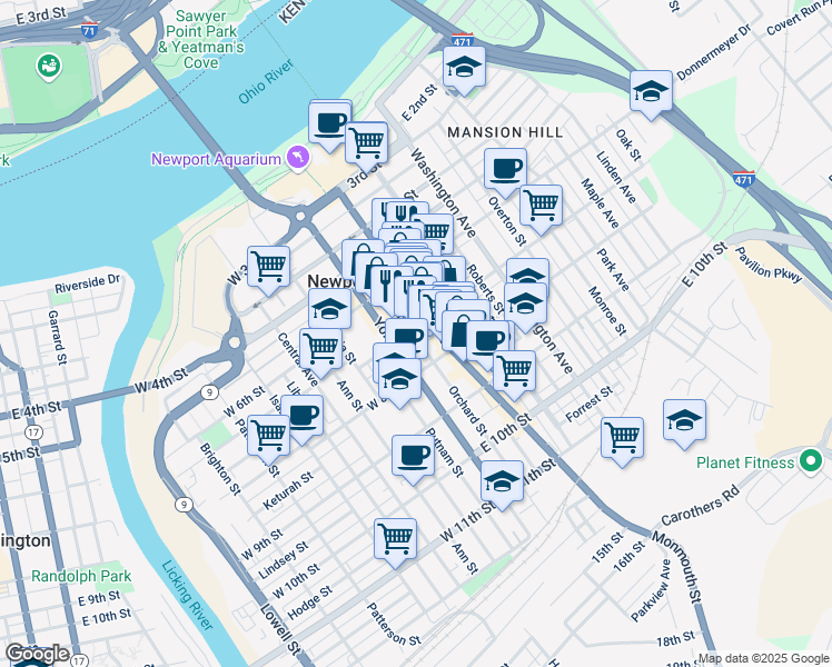 map of restaurants, bars, coffee shops, grocery stores, and more near 633 York Street in Newport