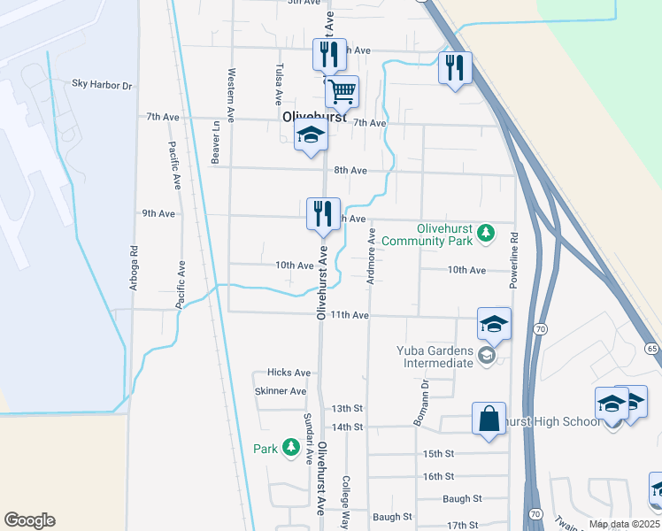 map of restaurants, bars, coffee shops, grocery stores, and more near 4691 Olivehurst Avenue in Olivehurst