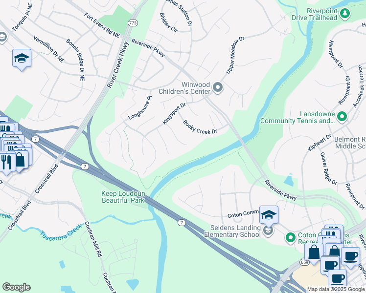 map of restaurants, bars, coffee shops, grocery stores, and more near 43123 Kimberley Court in Leesburg