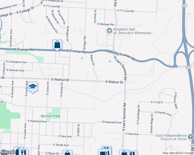 map of restaurants, bars, coffee shops, grocery stores, and more near 1434 South Baker Drive in Independence