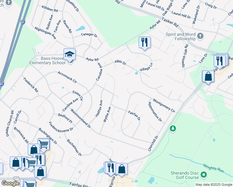 map of restaurants, bars, coffee shops, grocery stores, and more near 200 Wythe Avenue in Stephens City