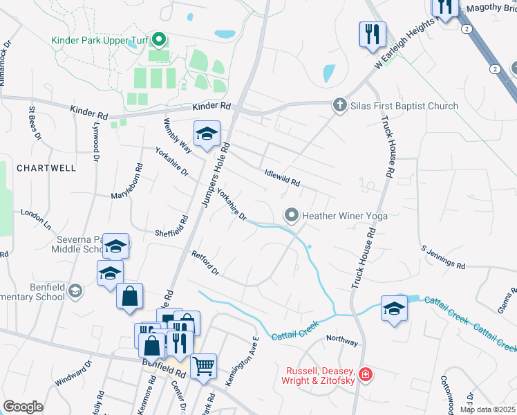 map of restaurants, bars, coffee shops, grocery stores, and more near 442 Fairford Court in Severna Park