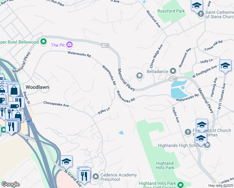 map of restaurants, bars, coffee shops, grocery stores, and more near 589 Maine Avenue in Fort Thomas