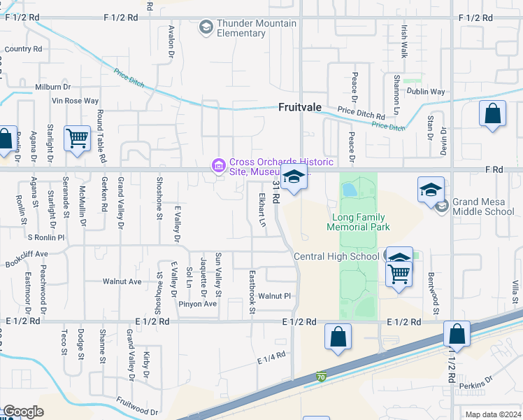 map of restaurants, bars, coffee shops, grocery stores, and more near 584 Elkhart Lane in Grand Junction