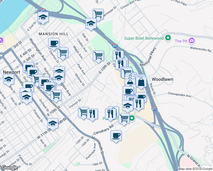 map of restaurants, bars, coffee shops, grocery stores, and more near 1103 Vine Street in Newport