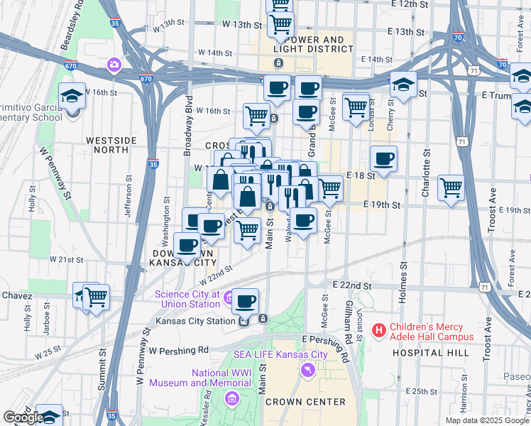 map of restaurants, bars, coffee shops, grocery stores, and more near 1910 Main Street in Kansas City