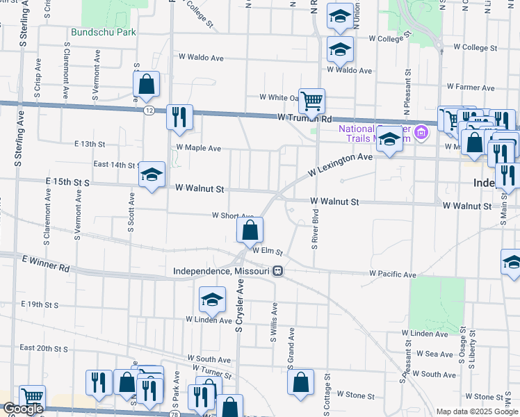 map of restaurants, bars, coffee shops, grocery stores, and more near 1210 West Lexington Avenue in Independence