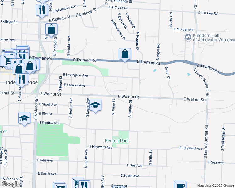 map of restaurants, bars, coffee shops, grocery stores, and more near 816 East Walnut Street in Independence