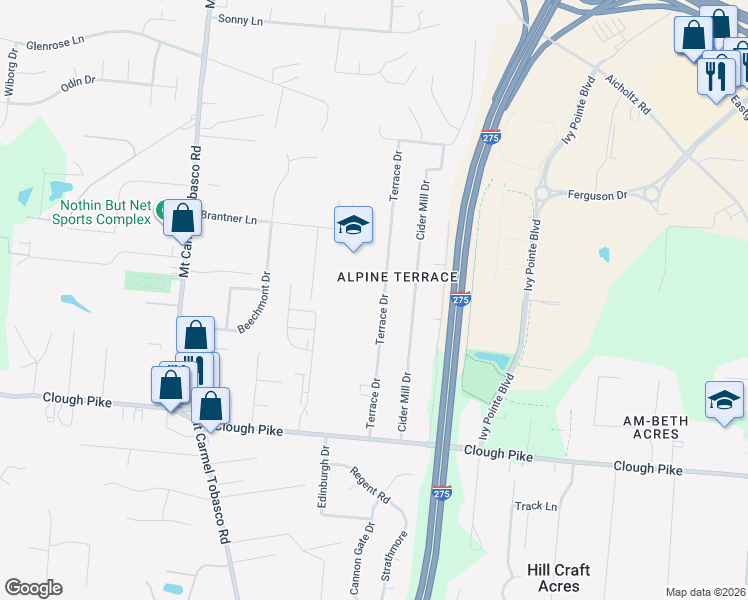 map of restaurants, bars, coffee shops, grocery stores, and more near 4317 Terrace Drive in Cincinnati