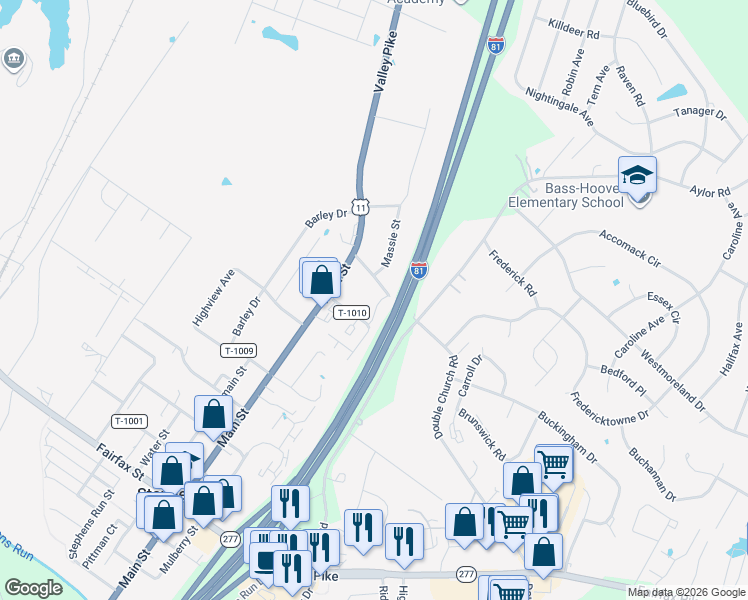 map of restaurants, bars, coffee shops, grocery stores, and more near 5077 Comer Dr in Stephens City