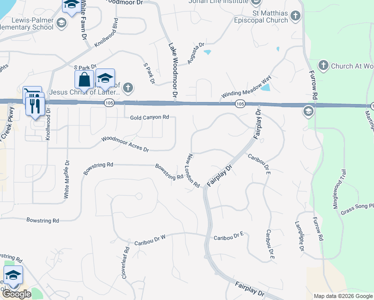 map of restaurants, bars, coffee shops, grocery stores, and more near 17810 New London Road in Monument