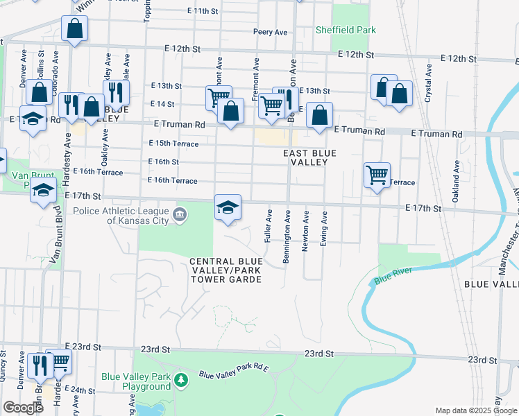 map of restaurants, bars, coffee shops, grocery stores, and more near 6417 East 17th Street in Kansas City
