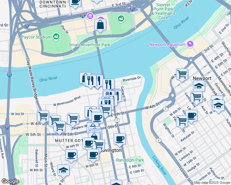 map of restaurants, bars, coffee shops, grocery stores, and more near 220 Greenup Street in Covington
