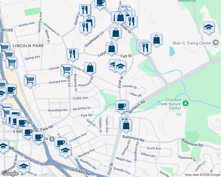 map of restaurants, bars, coffee shops, grocery stores, and more near 716 Crabb Avenue in Rockville