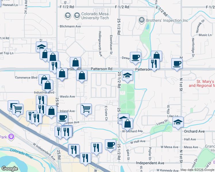 map of restaurants, bars, coffee shops, grocery stores, and more near 585 25 1/2 Rd in Grand Junction