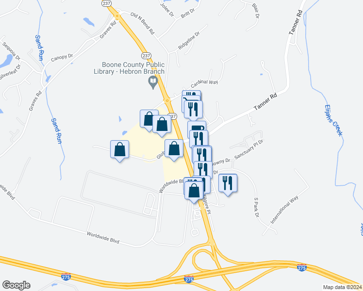 map of restaurants, bars, coffee shops, grocery stores, and more near 2000-2020 North Bend Road in Hebron