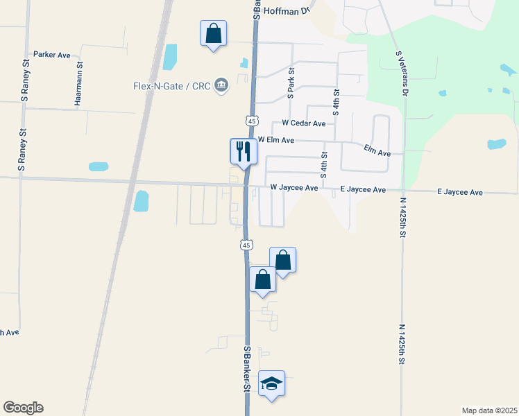 map of restaurants, bars, coffee shops, grocery stores, and more near 100-112 West Jaycee Avenue in Effingham
