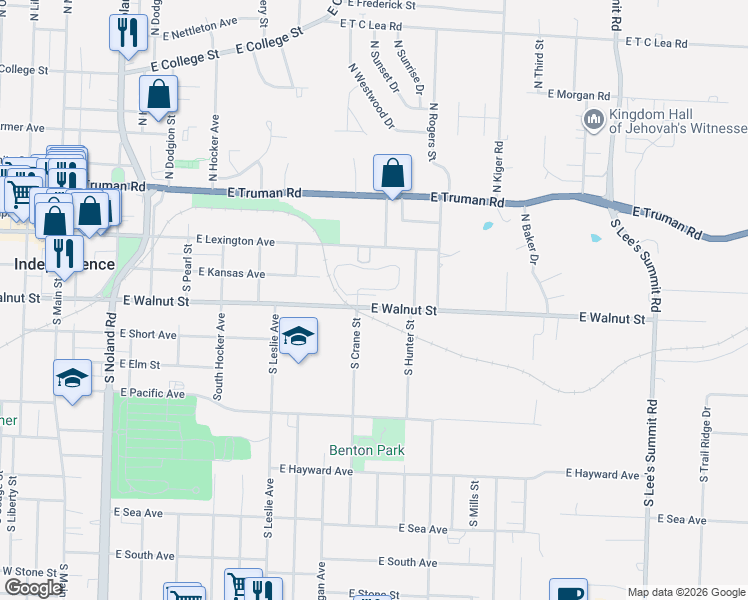 map of restaurants, bars, coffee shops, grocery stores, and more near 812 East Walnut Street in Independence