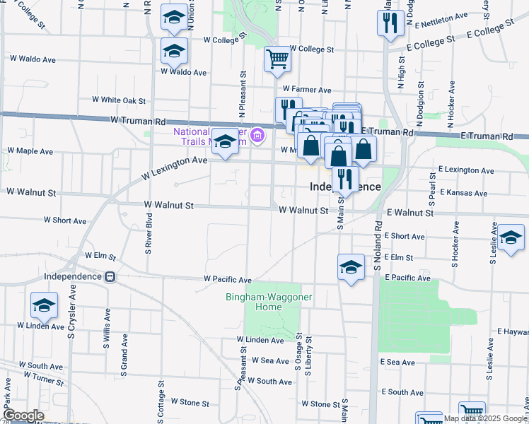 map of restaurants, bars, coffee shops, grocery stores, and more near 403 West Walnut Street in Independence