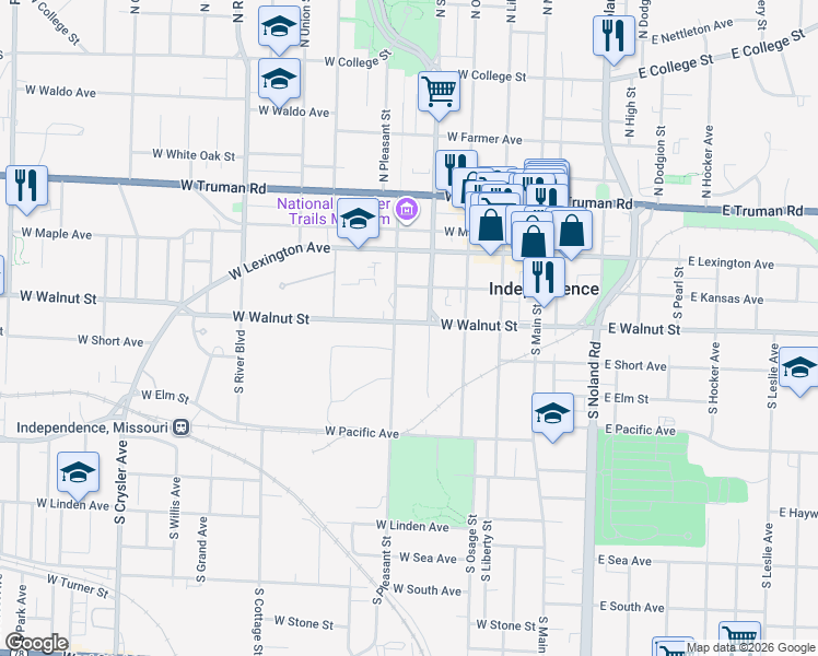 map of restaurants, bars, coffee shops, grocery stores, and more near 403 West Walnut Street in Independence