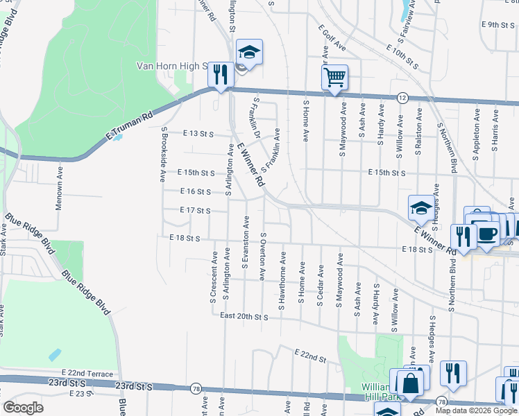 map of restaurants, bars, coffee shops, grocery stores, and more near 1616 South Overton Avenue in Independence