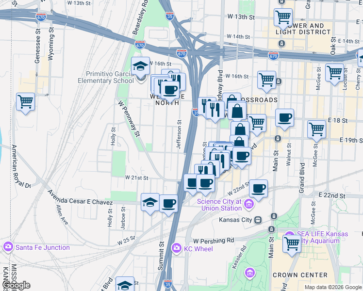 map of restaurants, bars, coffee shops, grocery stores, and more near 1831 Jefferson Street in Kansas City