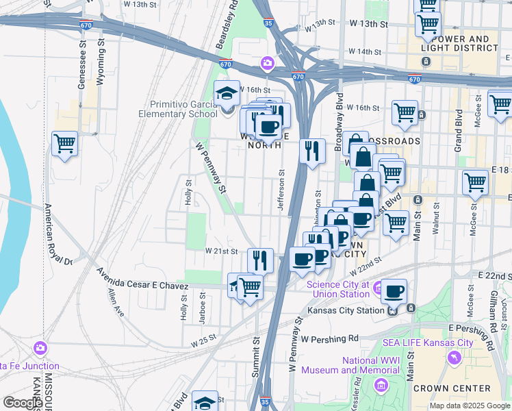 map of restaurants, bars, coffee shops, grocery stores, and more near 1936 Summit Street in Kansas City