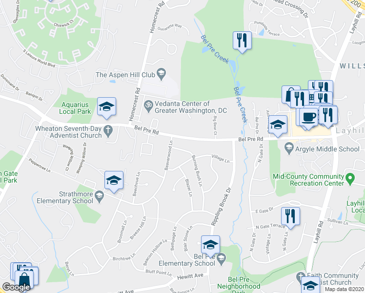 map of restaurants, bars, coffee shops, grocery stores, and more near 14217 Burning Bush Ln in Silver Spring