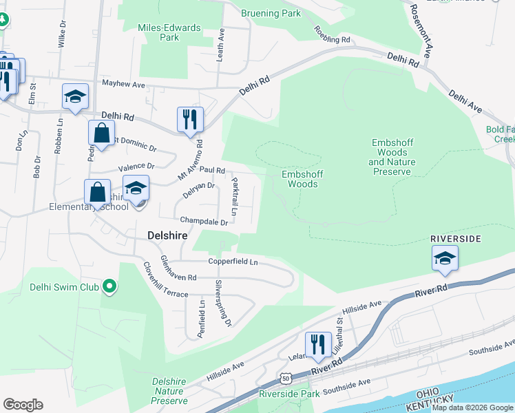 map of restaurants, bars, coffee shops, grocery stores, and more near 316 Parktrace Court in Cincinnati