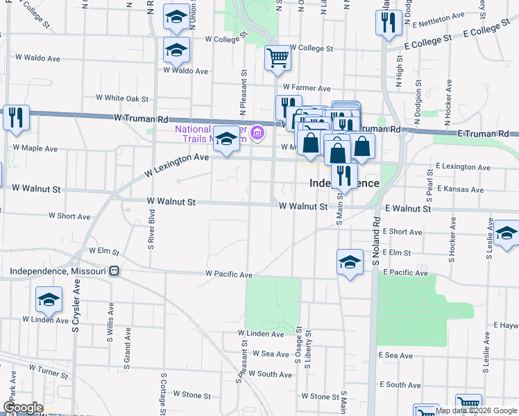 map of restaurants, bars, coffee shops, grocery stores, and more near 403 West Walnut Street in Independence