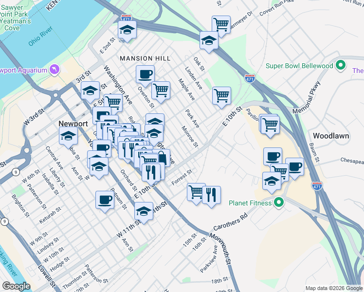 map of restaurants, bars, coffee shops, grocery stores, and more near 917 Boone Street in Newport