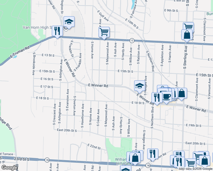 map of restaurants, bars, coffee shops, grocery stores, and more near E Winner Rd & S Maywood Ave in Independence