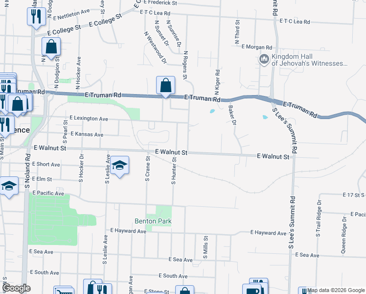 map of restaurants, bars, coffee shops, grocery stores, and more near 218 South Rogers Street in Independence