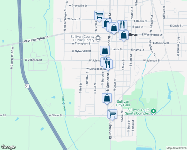 map of restaurants, bars, coffee shops, grocery stores, and more near 428 South Troll Street in Sullivan