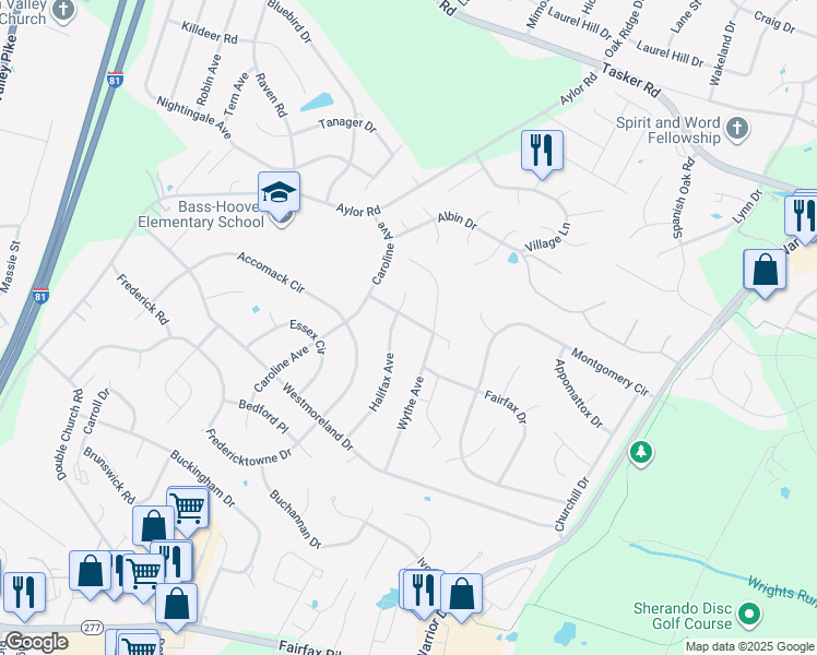 map of restaurants, bars, coffee shops, grocery stores, and more near 108 Rockbridge Road in Stephens City