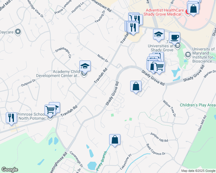 map of restaurants, bars, coffee shops, grocery stores, and more near 123 Travilah Crest Terrace in Rockville