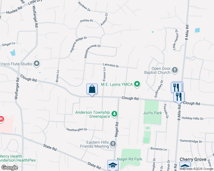 map of restaurants, bars, coffee shops, grocery stores, and more near 2058 Evanor Lane in Cincinnati