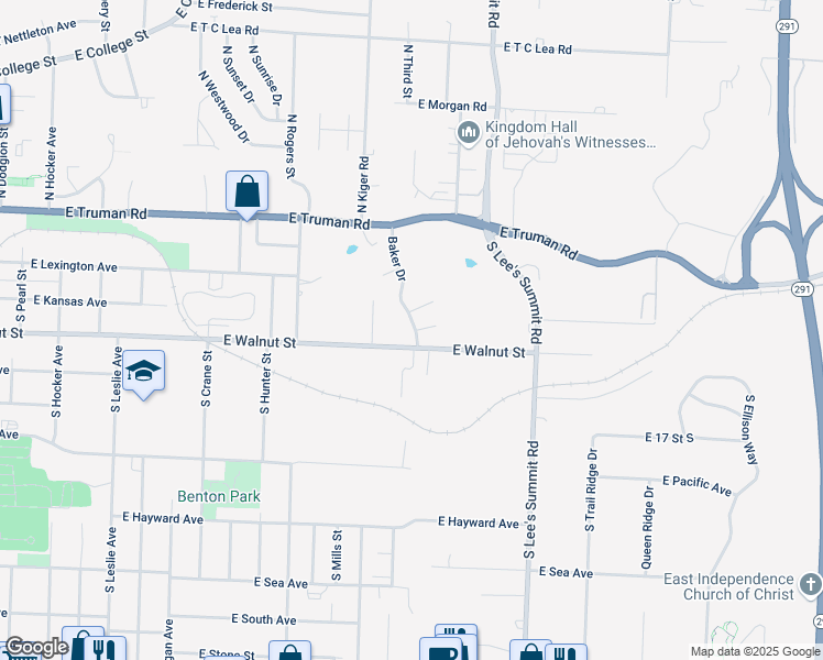 map of restaurants, bars, coffee shops, grocery stores, and more near 1448 Baker Drive in Independence