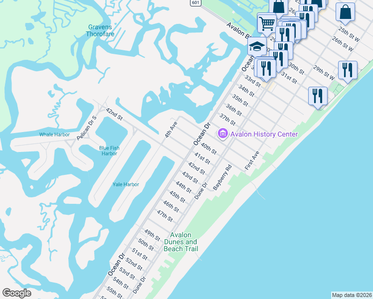 map of restaurants, bars, coffee shops, grocery stores, and more near 318 41st Street in Avalon