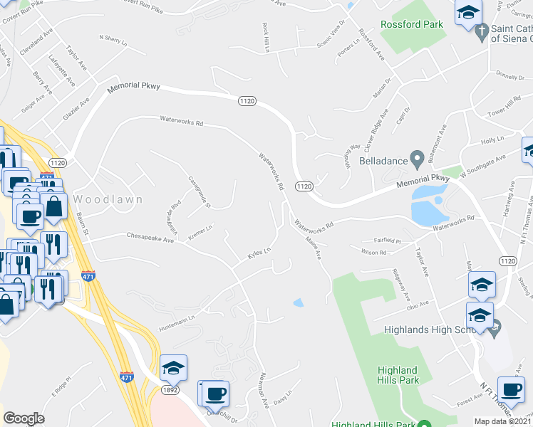 map of restaurants, bars, coffee shops, grocery stores, and more near 500 London Acres Drive in Fort Thomas